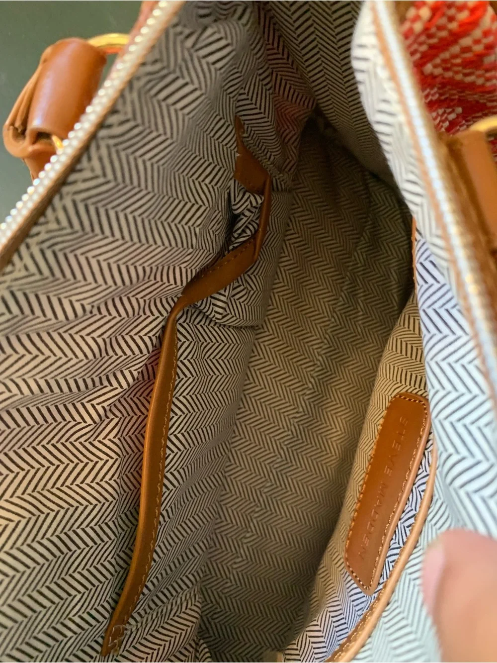 Steve Madden Red Diamond-Pattern Satchel with Brown Trim